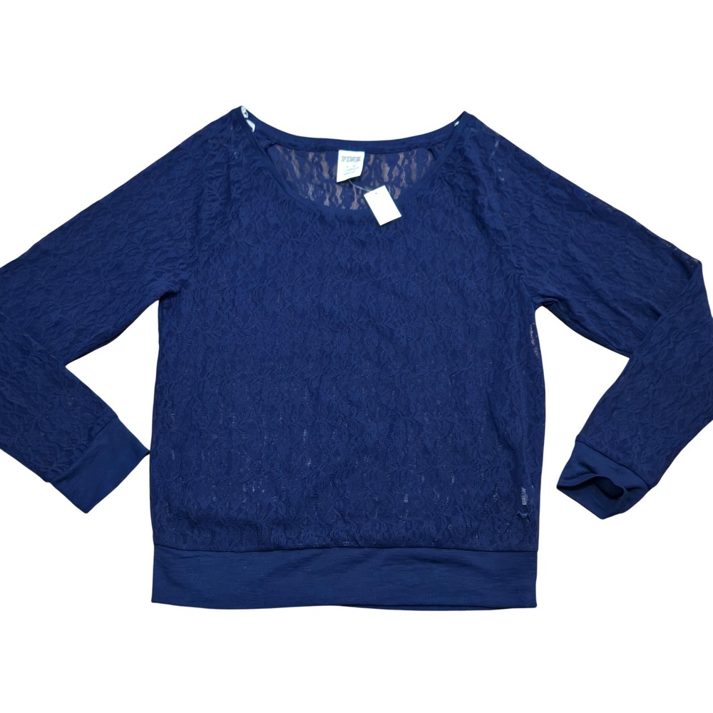 PINK Victorias Secret NWT Navy Blue Floral Lace Sheer Long Sleeve Top Med